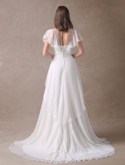 Glamorous Ivory Court Train Wedding Dress With Beading V-Neck Bridal Dress
