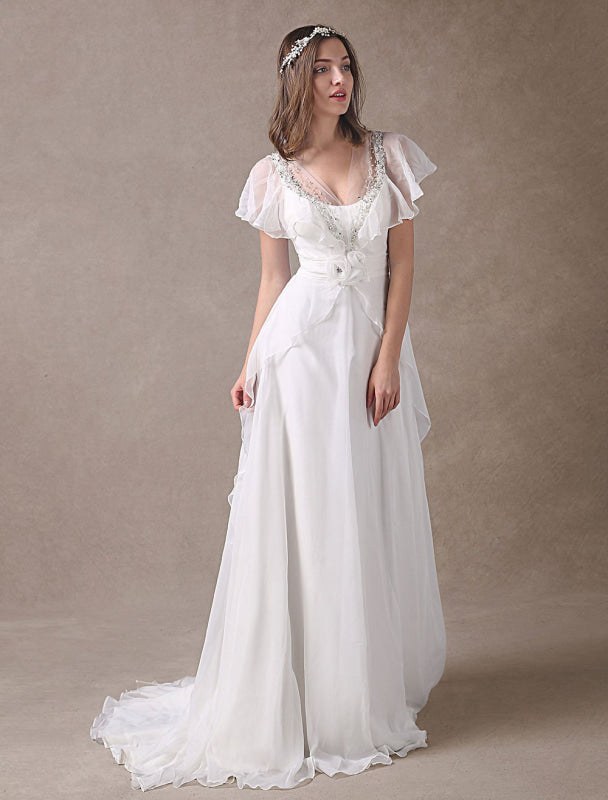 Glamorous Ivory Court Train Wedding Dress With Beading V-Neck Bridal Dress