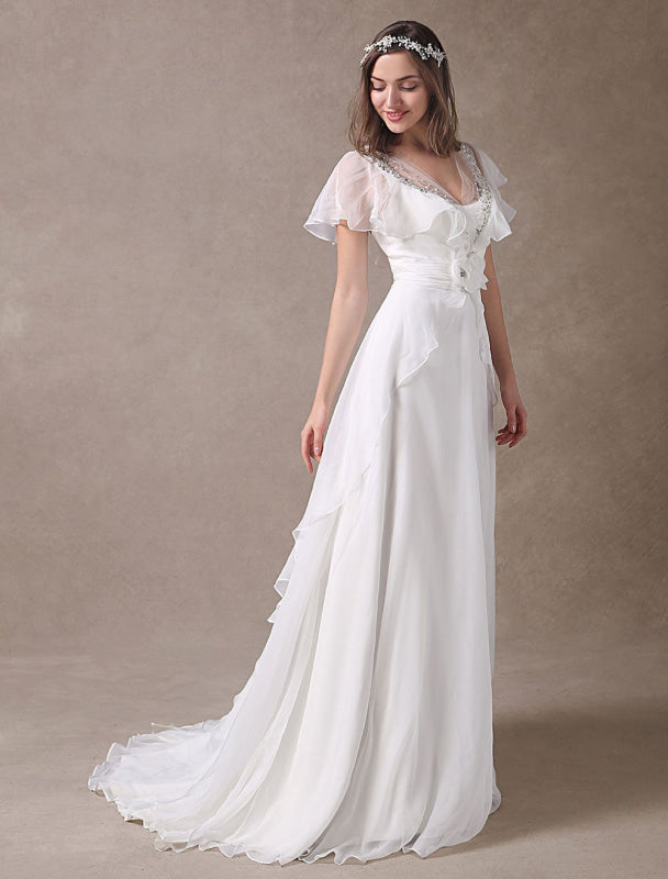 Glamorous Ivory Court Train Wedding Dress With Beading V-Neck Bridal Dress
