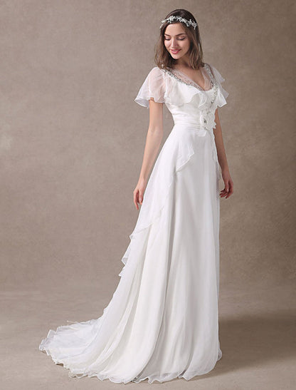 Glamorous Ivory Court Train Wedding Dress With Beading V-Neck Bridal Dress