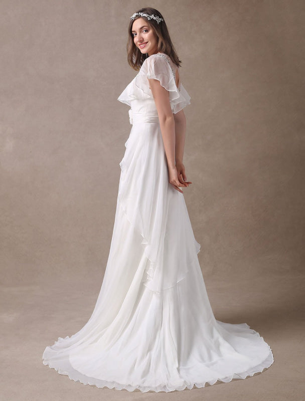 Glamorous Ivory Court Train Wedding Dress With Beading V-Neck Bridal Dress