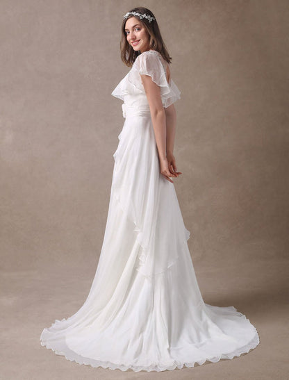 Glamorous Ivory Court Train Wedding Dress With Beading V-Neck Bridal Dress