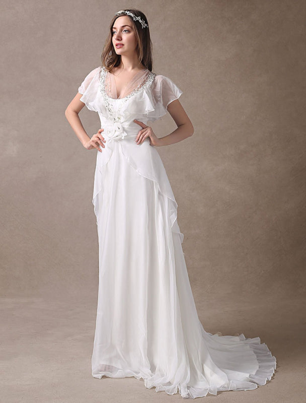 Glamorous Ivory Court Train Wedding Dress With Beading V-Neck Bridal Dress