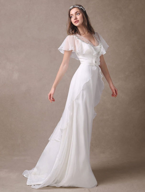 Glamorous Ivory Court Train Wedding Dress With Beading V-Neck Bridal Dress