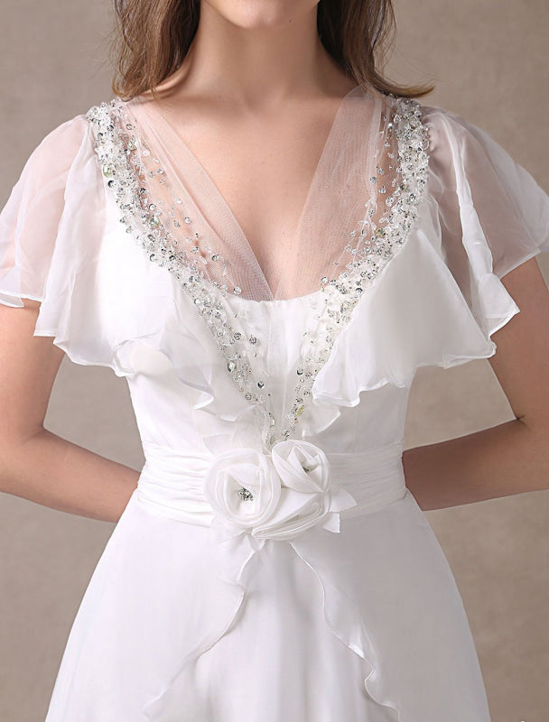 Glamorous Ivory Court Train Wedding Dress With Beading V-Neck Bridal Dress