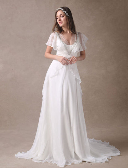 Glamorous Ivory Court Train Wedding Dress With Beading V-Neck Bridal Dress
