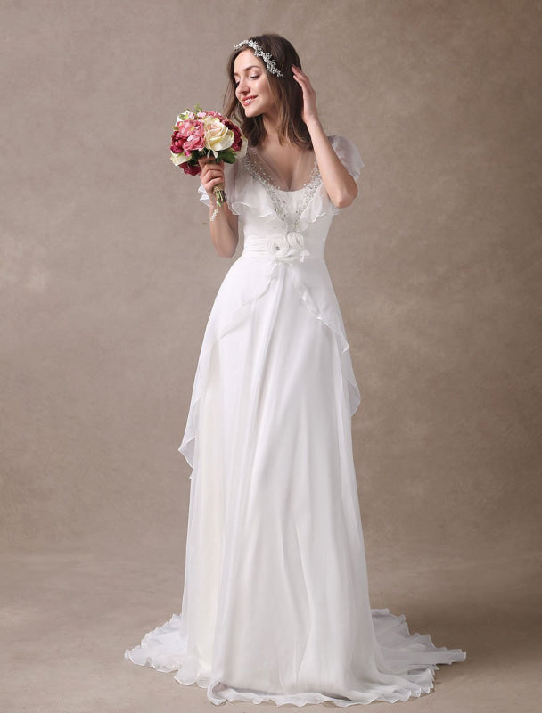 Glamorous Ivory Court Train Wedding Dress With Beading V-Neck Bridal Dress