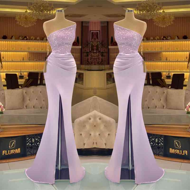 Glamorous Light Purple Mermaid Prom Dress with Sparkling Sequins and Thigh-High Slit
