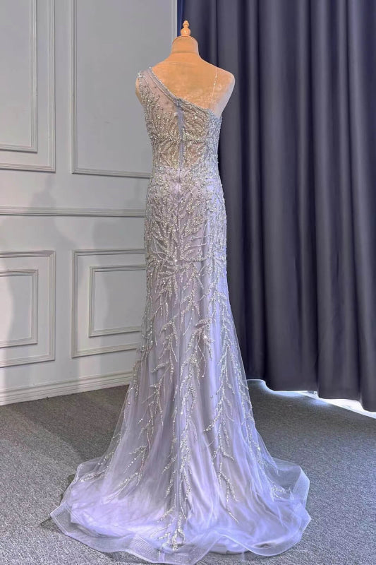 Glamorous Lilac Mermaid Prom Dress with Beaded One-Shoulder Design and Elegant Ruffled Appliques