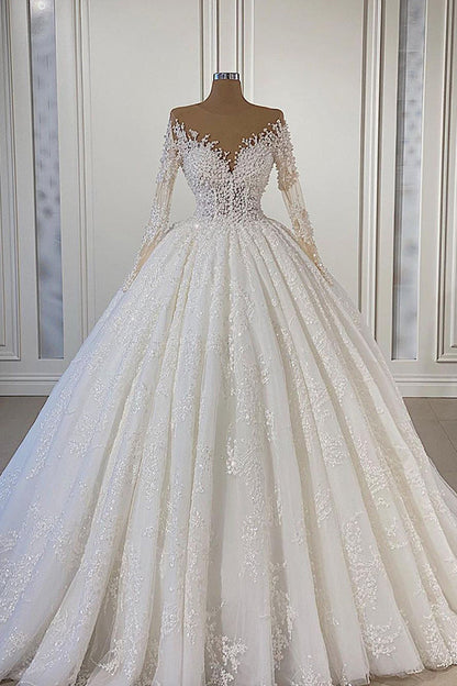 Glamorous Long Sleeves Ball Gown Wedding Dress with Lace Beadings