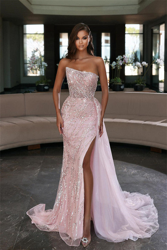 Glamorous Long Strapless Tulle Mermaid Evening Prom Dress with Slit