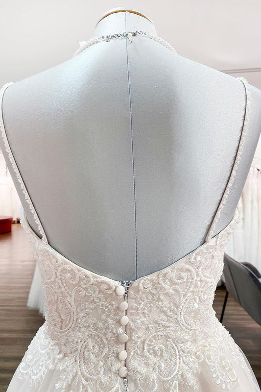 Glamorous Long Sweetheart Spaghetti-Straps Wedding Dress with Tulle Lace