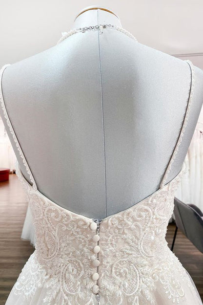 Glamorous Long Sweetheart Spaghetti-Straps Wedding Dress with Tulle Lace