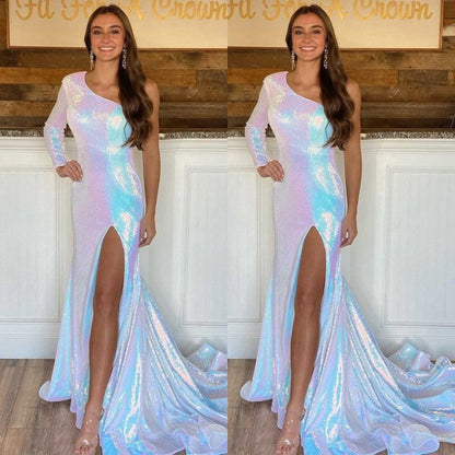 Glamorous Midnight Blue One Shoulder Gown with Flowing Sleeves and Leg Slit