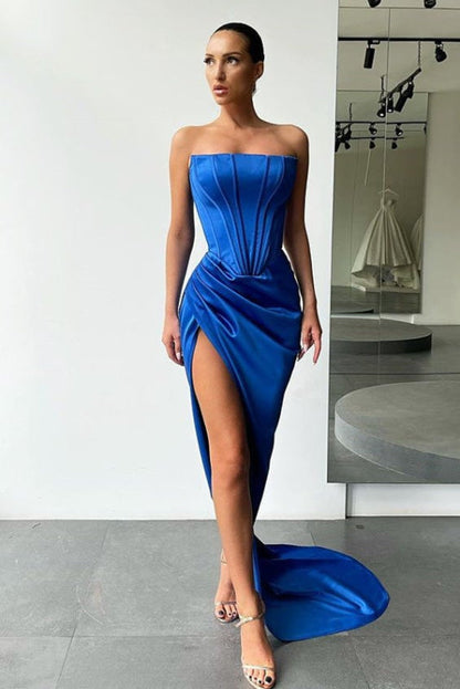 Glamorous Strapless Prom Gown Satin Long with Thigh-High Split