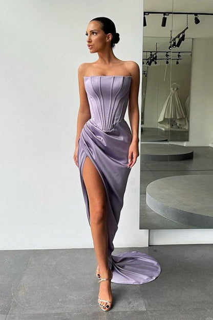 Glamorous Strapless Prom Gown Satin Long with Thigh-High Split