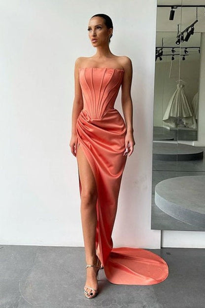 Glamorous Strapless Prom Gown Satin Long with Thigh-High Split