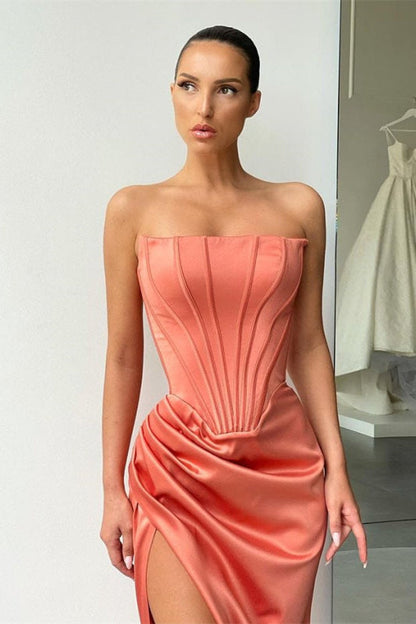 Glamorous Strapless Prom Gown Satin Long with Thigh-High Split