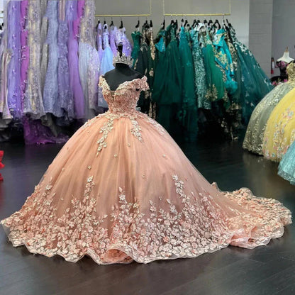 Glamorous Off-the-Shoulder Tulle Ball Gown Quinceanera Dresses with Floral Appliques