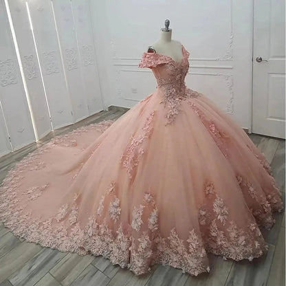 Glamorous Off-the-Shoulder Tulle Ball Gown Quinceanera Dresses with Floral Appliques