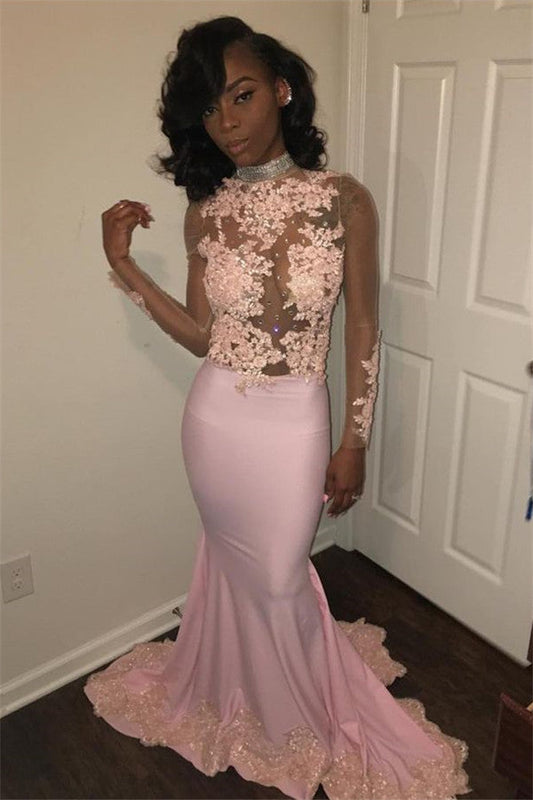 Glamorous Pink High Neck Long Sleeve Appliques Prom Dress