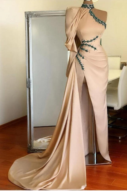 Glamorous Pink High Neck Ruffles Crystal Side Slit Prom Dress
