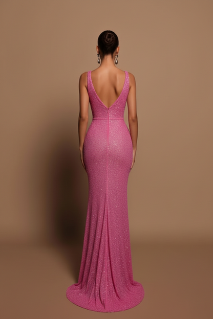 Glamorous Pink Sequin Mermaid Prom Dress Sleeveless with V-Neck