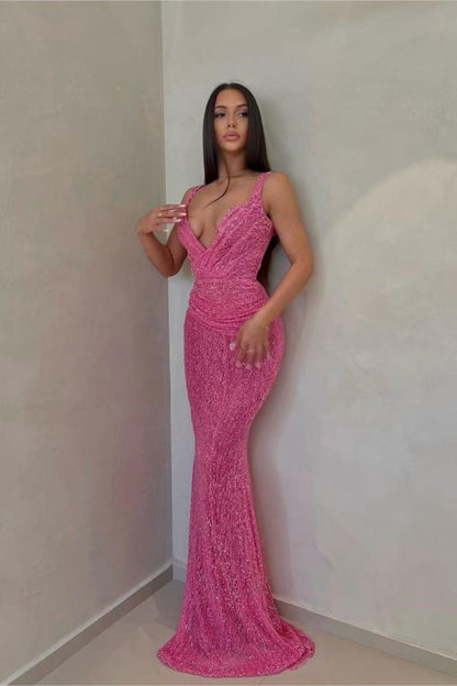 Glamorous Pink Sequin Mermaid Prom Dress Sleeveless with V-Neck