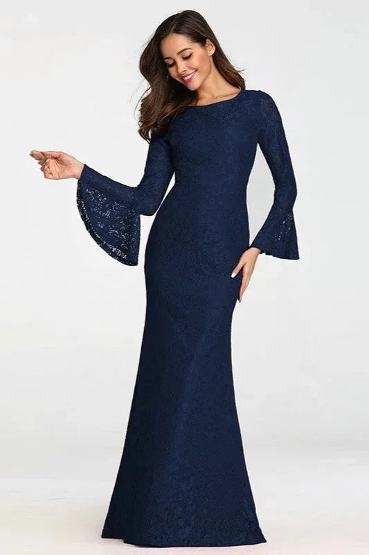 Glamorous Red Lace Prom Dress Mermaid Long Sleeve Evening Gowns