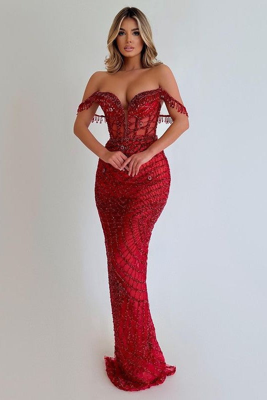 Glamorous Red Sequin Prom Gown with Tassel Strapless Mermaid Evening Dress