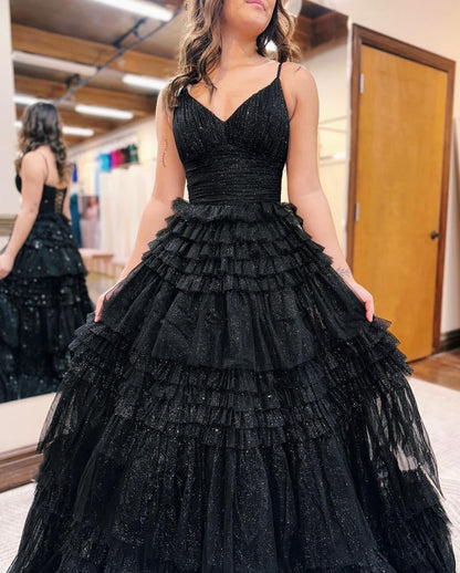 Glamorous Black Tulle Prom Dress V-Neck Sleeveless Aline Evening Dress