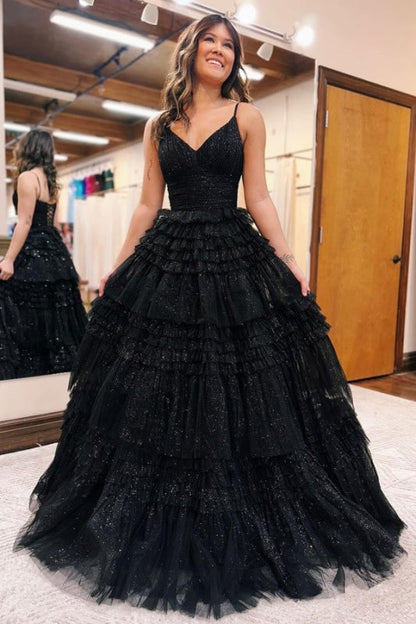 Glamorous Black Tulle Prom Dress V-Neck Sleeveless Aline Evening Dress