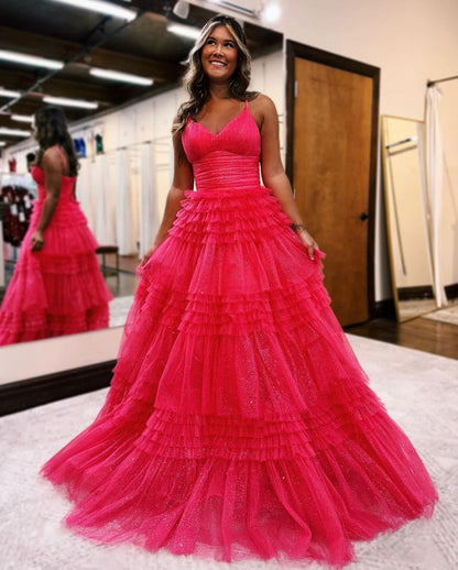 Glamorous Black Tulle Prom Dress V-Neck Sleeveless Aline Evening Dress