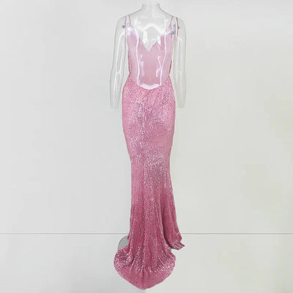 Glamorous Spaghetti-Straps Sequins Navy Prom Dress Long Mermaid Evening Gowns