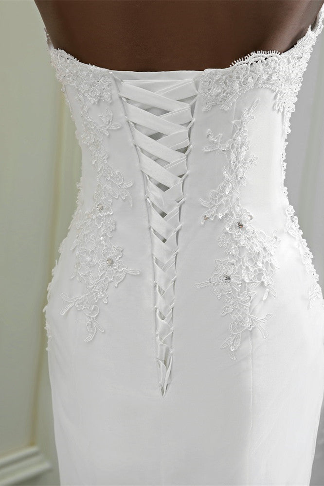 Glamorous Strapless Lace Appliques Long Mermaid Wedding Dress With Beadings