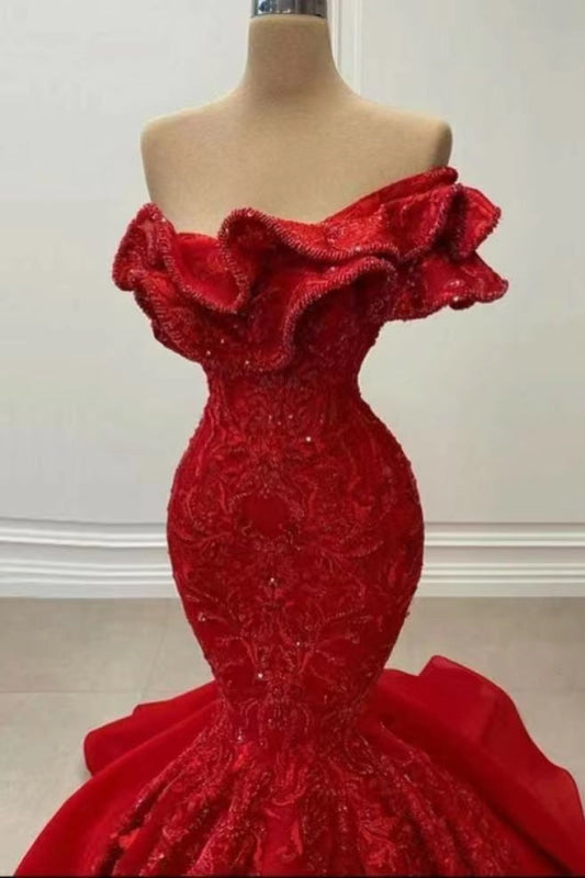 Glamorous Strapless Mermaid Prom Dress Red Sequins Evening Gown