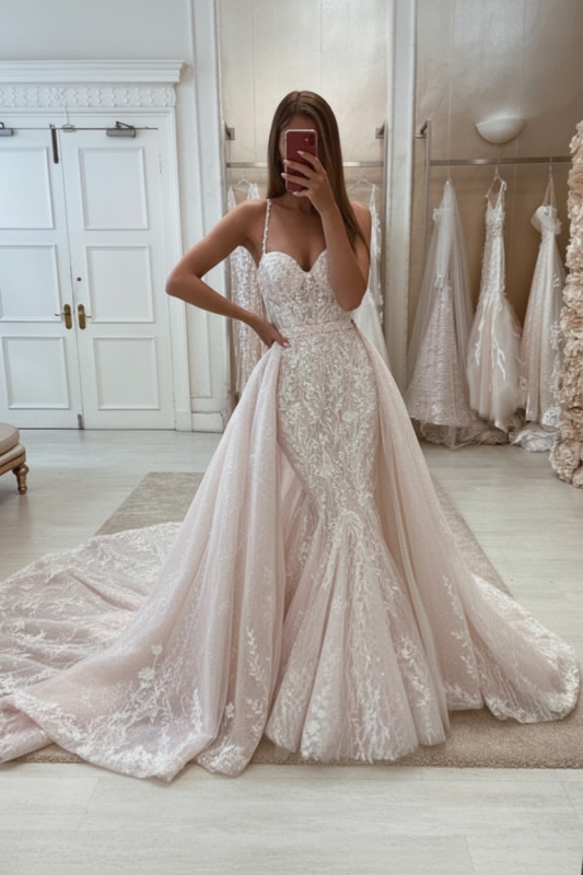 Glamorous Tulle Lace Mermaid Wedding Dress with Detachable Train