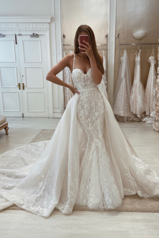 Glamorous Tulle Lace Mermaid Wedding Dress with Detachable Train