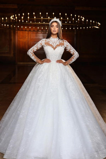 Glitter Appliques Lace Beaded A-Line Wedding Dress Long Sleeves