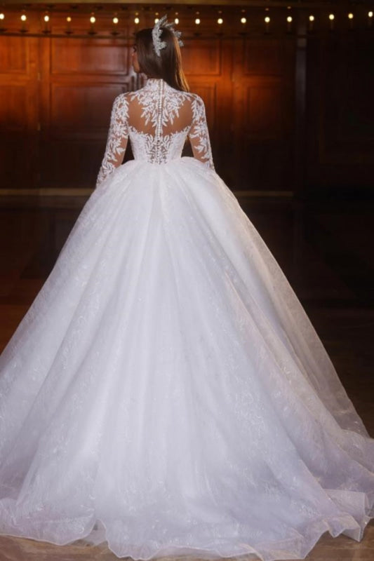 Glitter Appliques Lace Beaded A-Line Wedding Dress Long Sleeves
