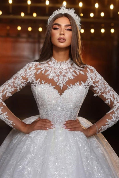 Glitter Appliques Lace Beaded A-Line Wedding Dress Long Sleeves