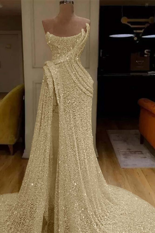 Glitter Sequin Strapless Mermaid Long Prom Dress with Split