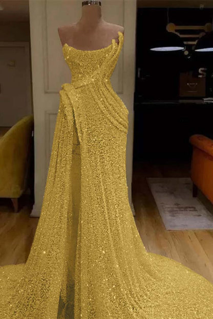 Glitter Sequin Strapless Mermaid Long Prom Dress with Split