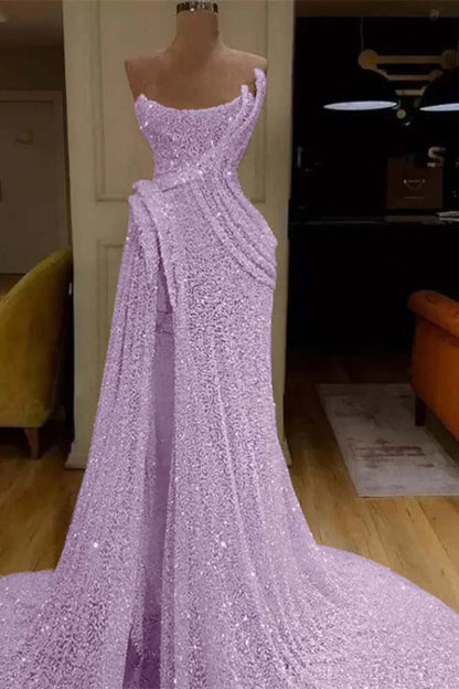 Glitter Sequin Strapless Mermaid Long Prom Dress with Split