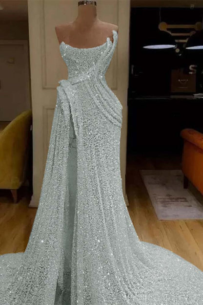 Glitter Sequin Strapless Mermaid Long Prom Dress with Split