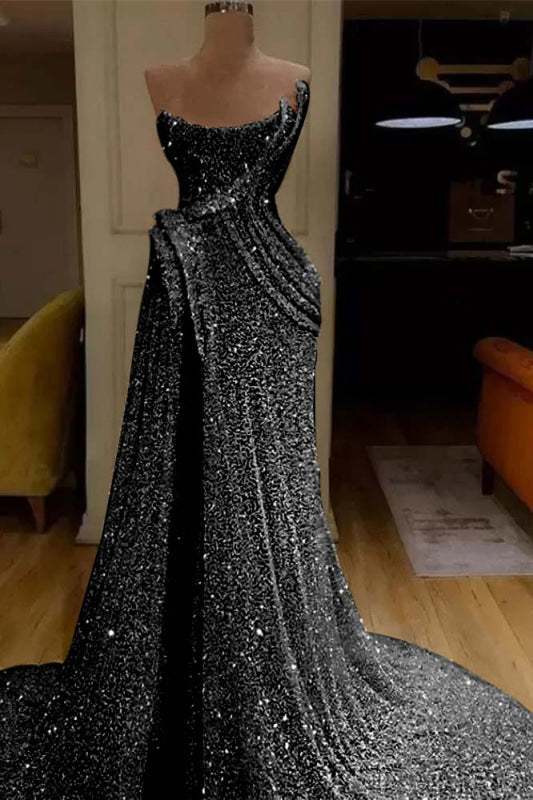 Glitter Sequin Strapless Mermaid Long Prom Dress with Split