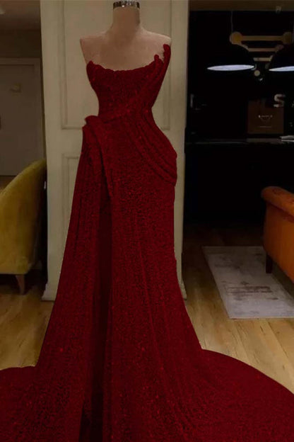 Glitter Sequin Strapless Mermaid Long Prom Dress with Split