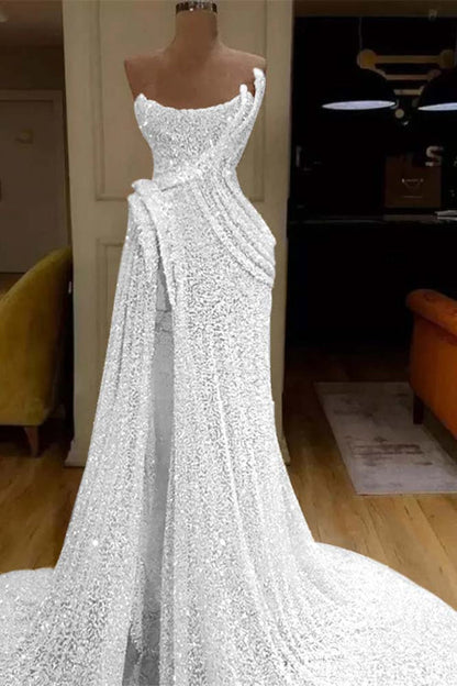 Glitter Sequin Strapless Mermaid Long Prom Dress with Split