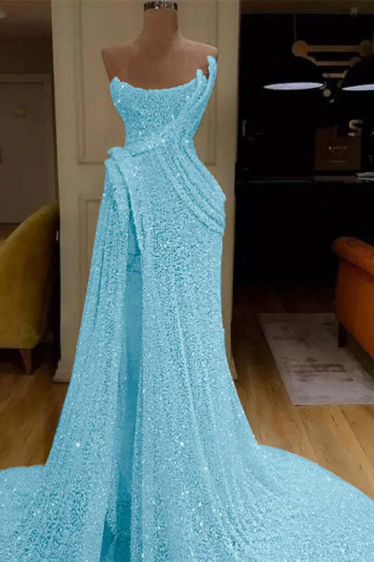 Glitter Sequin Strapless Mermaid Long Prom Dress with Split