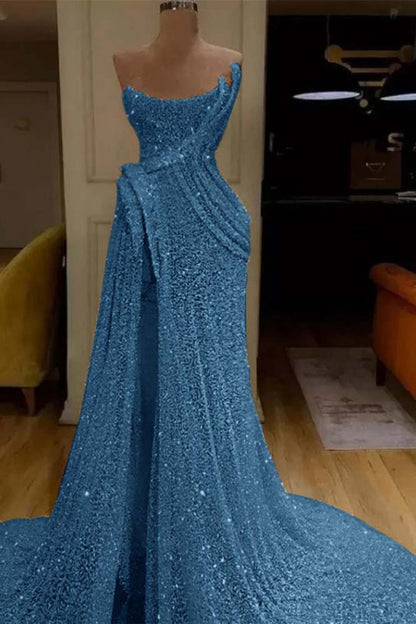 Glitter Sequin Strapless Mermaid Long Prom Dress with Split